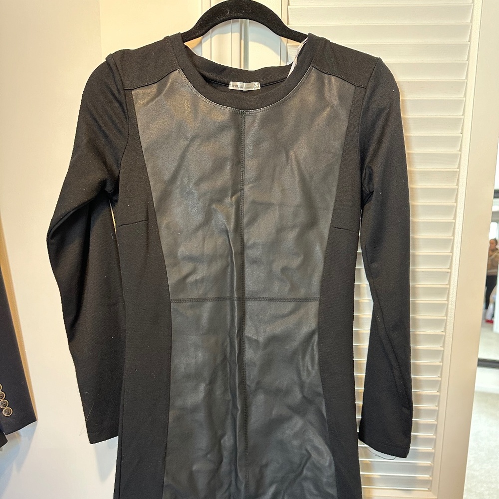 Faux leather paneled shift dress